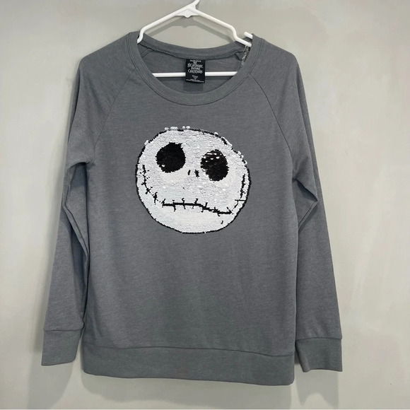 Disney Jack Skellington Gray Flip Sequin Shirt Small Nightmare Before Xmas - Picture 1 of 7